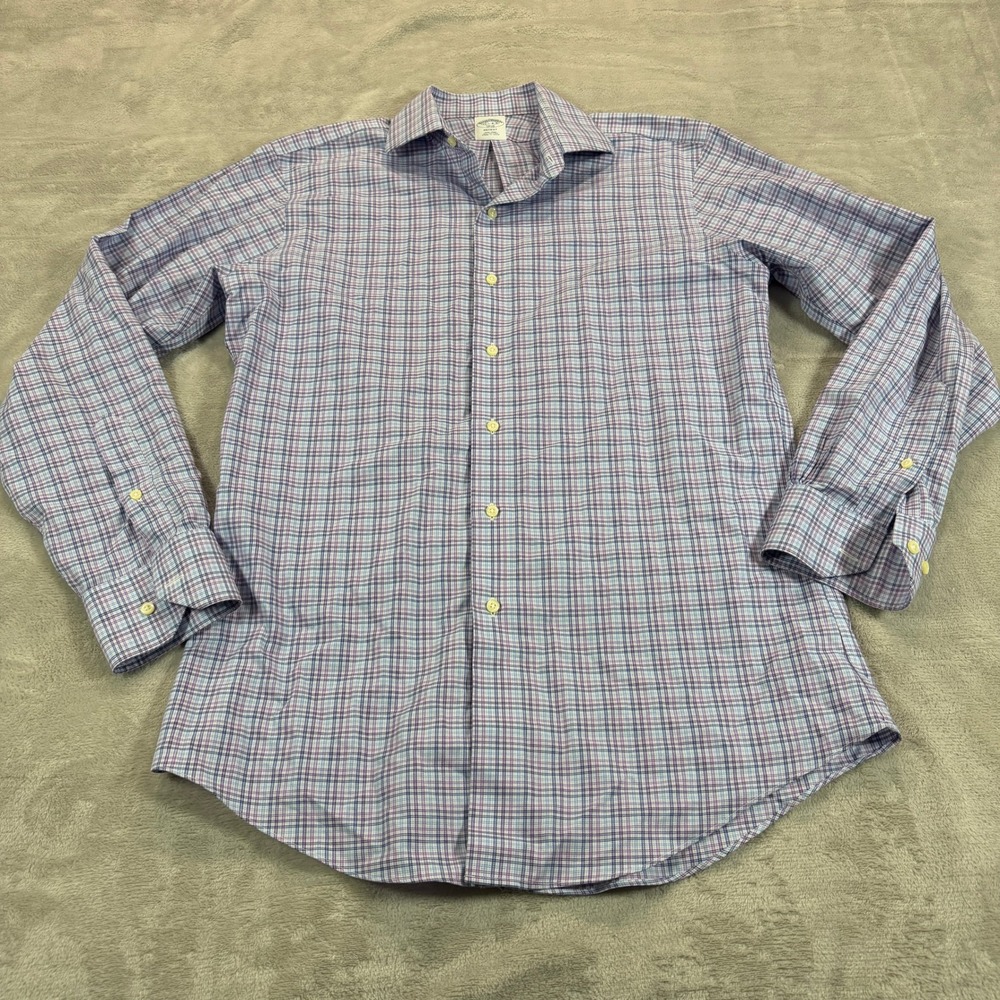 Brooks Brothers 1818 Mens 15.5 34/35 Regent Fit Plaid Dress Shirt Purple Blue